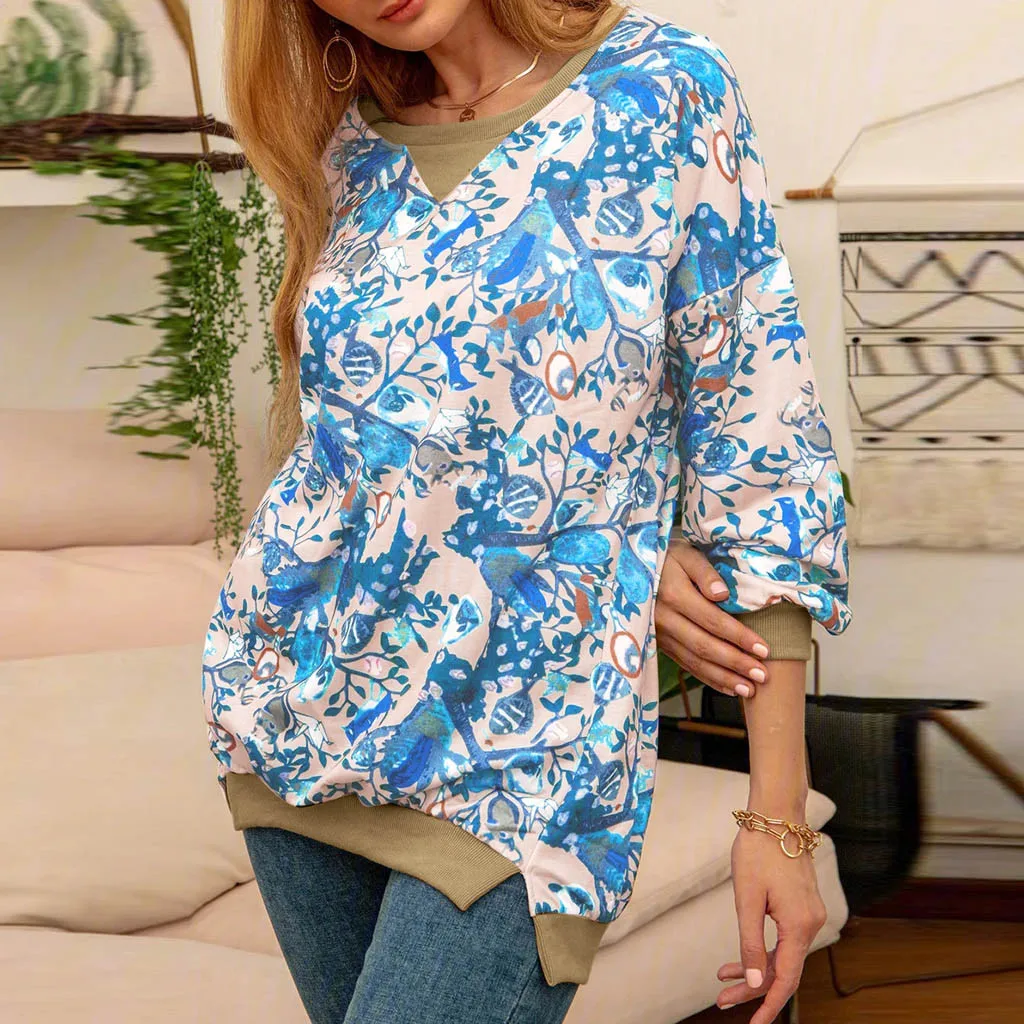 Женская Повседневная Свободная блузка с круглым вырезом и длинным рукавом топ