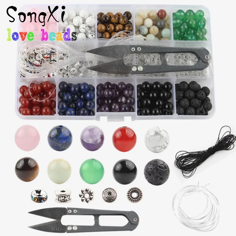 DIY Handmade 8mm Natural Stone Jewelry Kit Box Set Agates Lava Rock Bulk Beads for Making Bracelets Storage | Украшения и