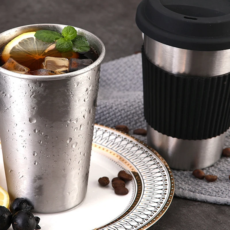 500Ml Travel Coffee Mug Creative With Silicone Lid Stainless Steel Cups And Mugs Tea Milk Drinkware Beer Mug Black+Silver