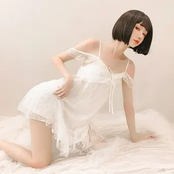 

Sexy Cute Princess Lingerie for Women Night Gowns See Through White Black Sling Slip Sleeping Dress Lace Sleepwear Dropshipping