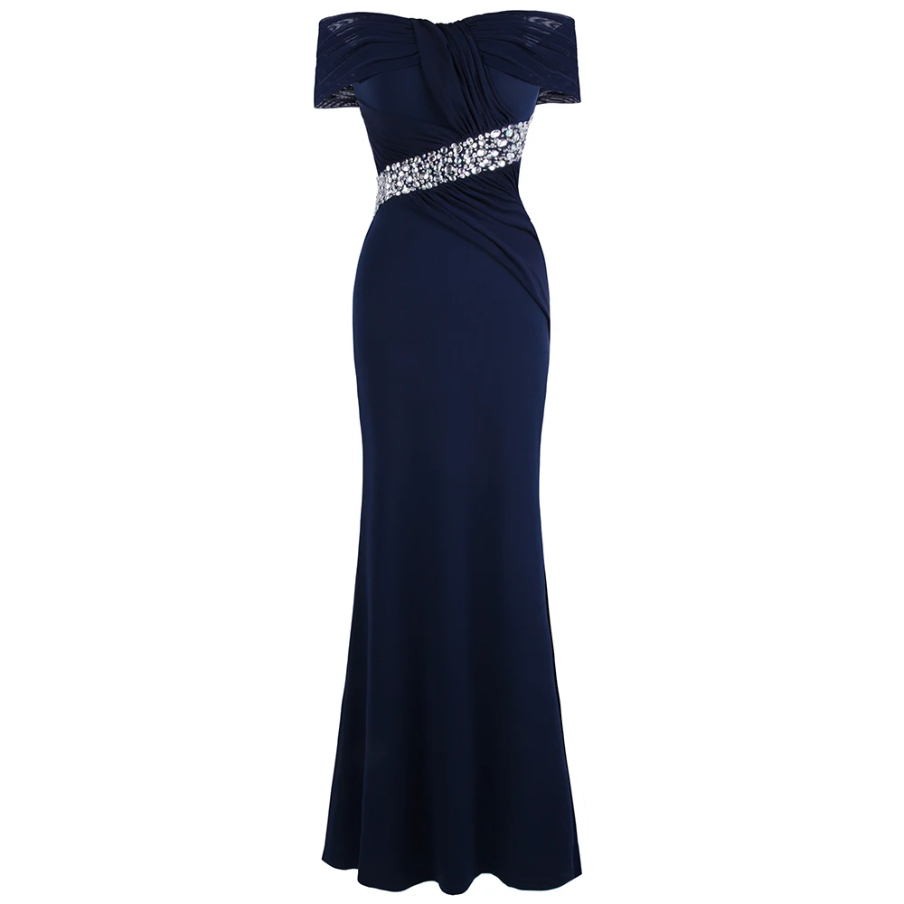 Royal blue Angel-fashions женское плиссированное платье с открытыми плечами, с бусинами, с баской, длинное вечернее платье, элегантное, королевское, синее, W-190910-S - Цвет: Royal blue