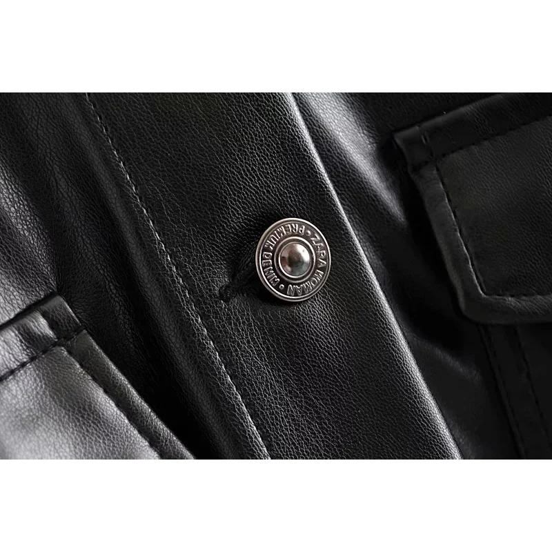 Vintage Chic Women Shirt Style Pu Leather Jackets Autumn Fashion Ladies Biker Jacket Coat Pockets Button Casual Outerwear