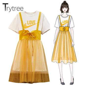 

Trytree 2020 Summer Women Two Piece Set Casual O-neck Letter Tops + Sling Dress Patchwork Mesh Drawstring Fashion 2 Piece Set