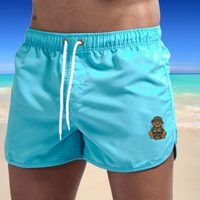 Summer Men's Swimwear Bear Printed Shorts Brand Beachwear Sexy Swim Trunks Men Swimsuit Low Waist Breathable Beach Surfing sky blue