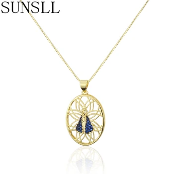 

SUNSLL New gold necklace blue cubic zircon oval religion pendant necklace for women fashion jewelry copper necklace chain gifts
