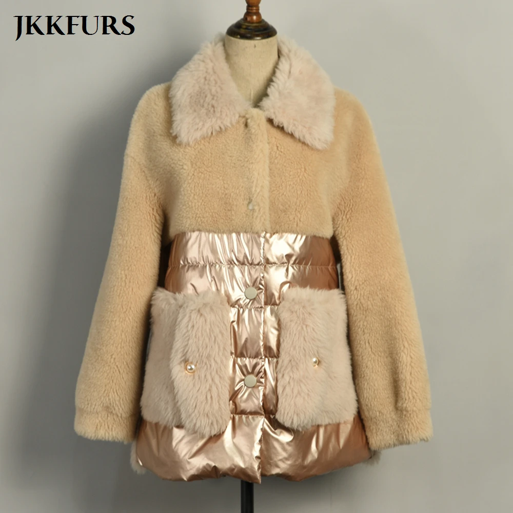 New Women's Real Wool Coat White Duck Down Padded Jacket Zipper Pockets Granular Fur Down Outerwear S7580