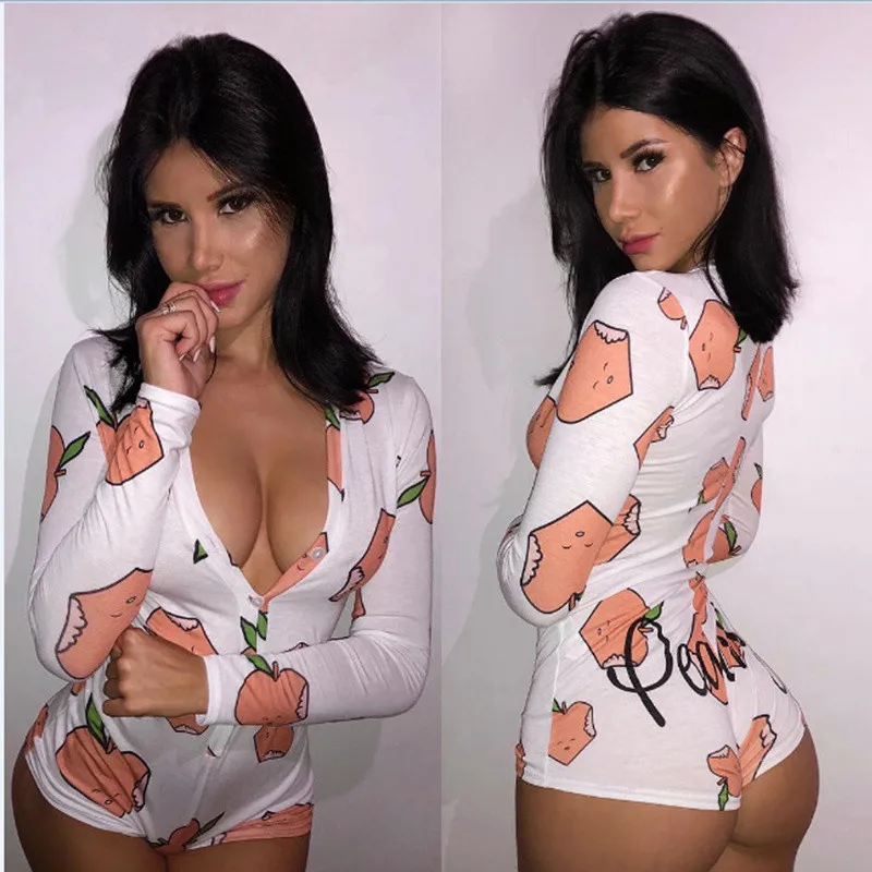Sexy Women Bodysuit Long Sleeve Deep V Neck Bodycon Stretch Leotard Peachy Printed Button Short Romper Sleepwear Women Jumpsuit