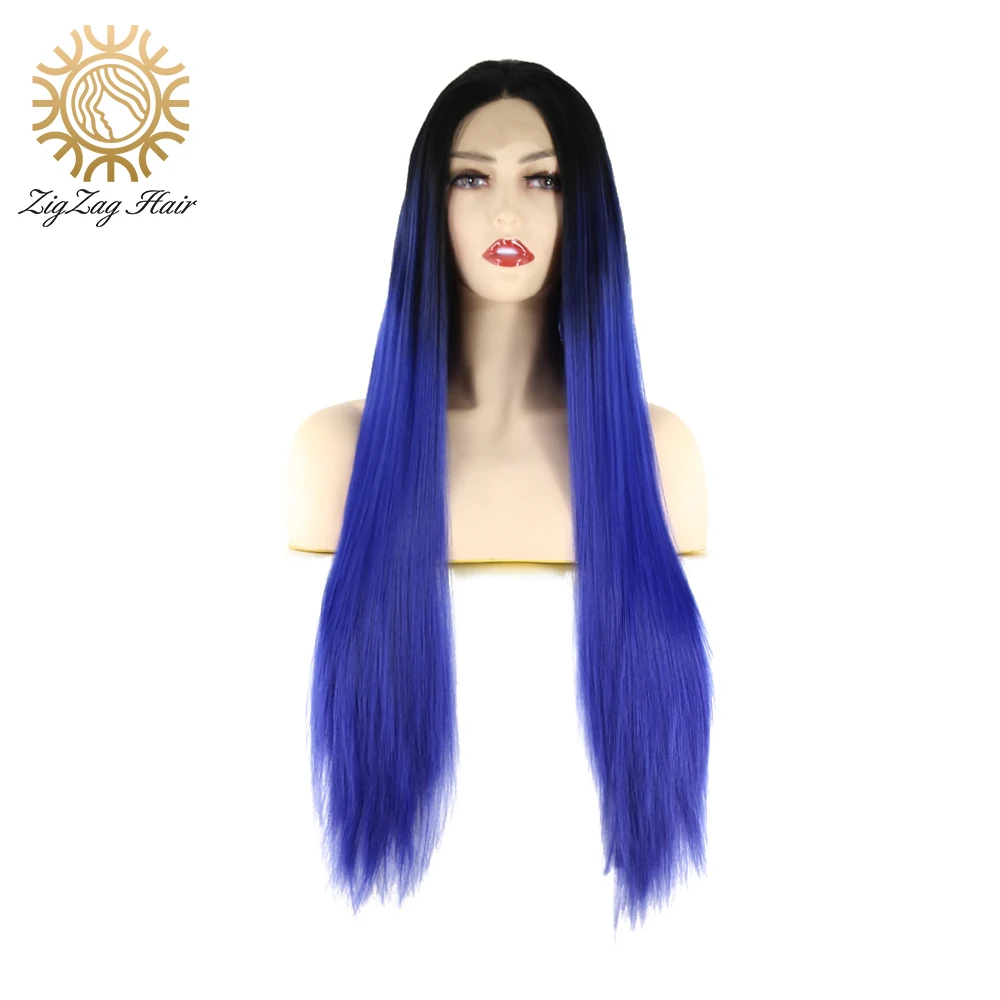 

ZigZag Long Straight Synthetic Lace Front Wig for Women Ombre Blue 2Tone Glueless Middle Part Heat Resistant Fiber Frontal Wig