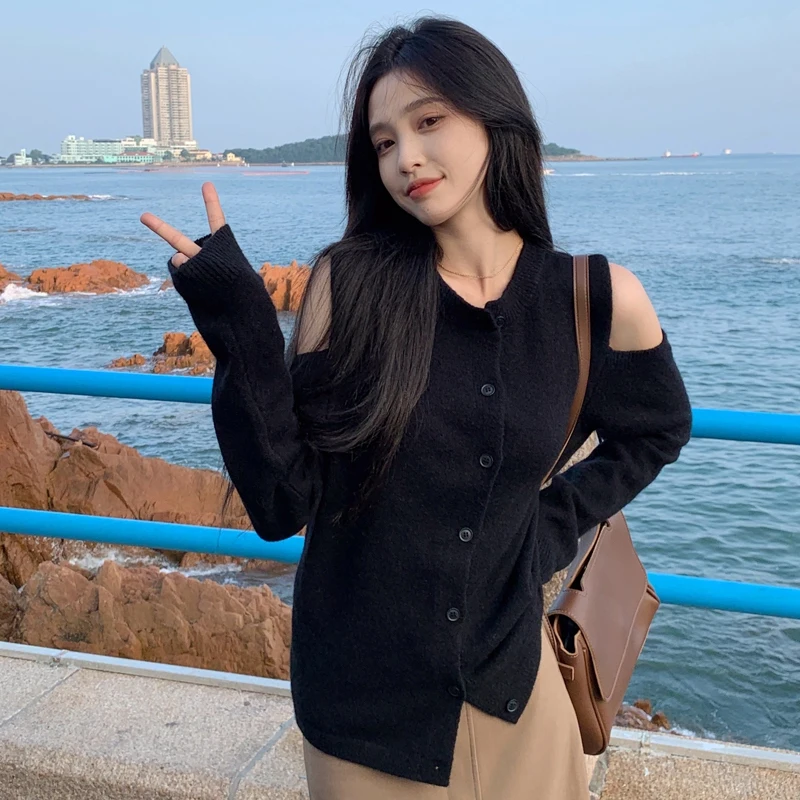 

Womens Cardigan Sweater Knitted Fashion Sweater Button O Neck Cardigan Off Shoulder Long Sleeve Loose Tops