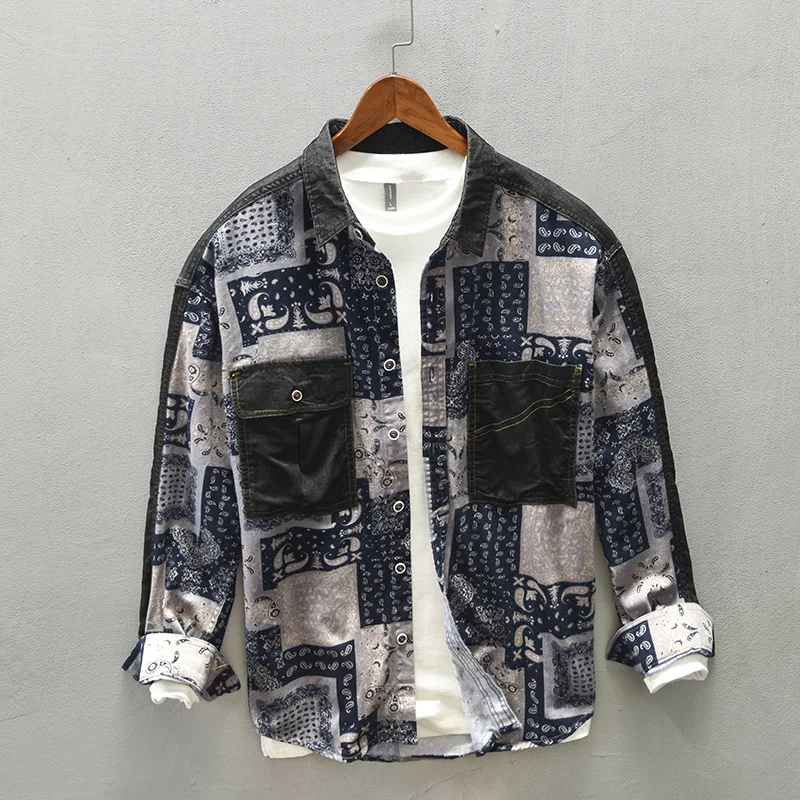 

Рубашка Z124 мужская с цветочным принтом, Повседневная Свободная блуза с двойным карманом, с отложным воротником и длинным рукавом, в винтажном стиле, Осень-зима