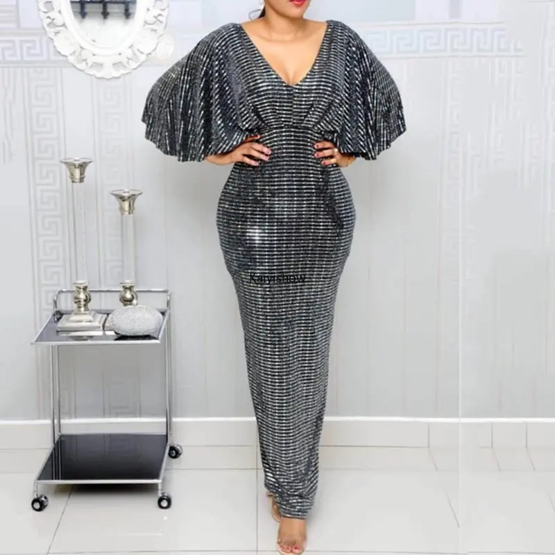 Ete Sexy Club De Luxe Gris Fete Femmes Longues Robes Crayon Tunique Grande Taille Dos Nu Femme Sequin Paillettes Soiree Robe Maxi Aliexpress
