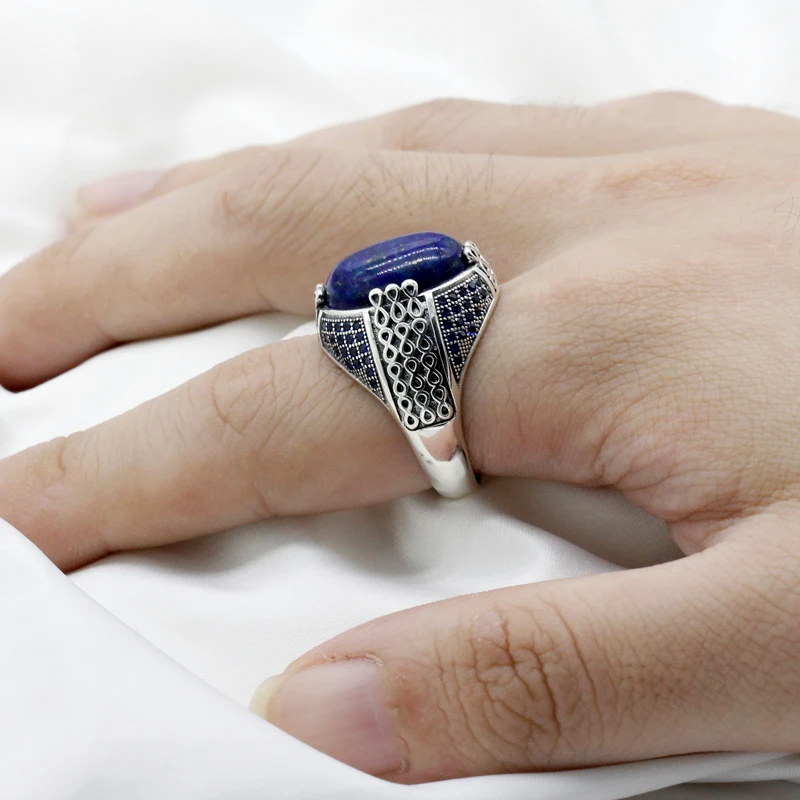 Lapis Lazuli Stone for Men 925 Sterling Silver Blue Stone Vintage Stripe Ring Turkish Thai Silver Jewelry for Male Women Gift - Image 6