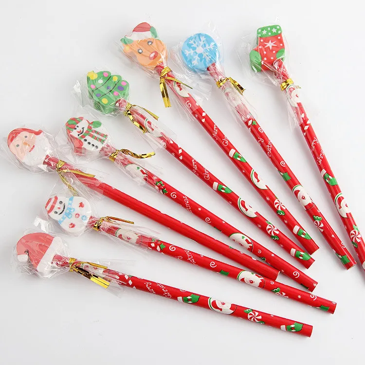 New Arrival Cute 3pcs/lot Kawaii Christmas HB Wood Pencil with Detachable Eraser Kids Gift Pens School Stationery