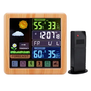 

Wood Wireless Weather Station, Indoor Outdoor Thermometer Hygrometer with Sensor, Digital Alarm Clock,Weather Forecast
