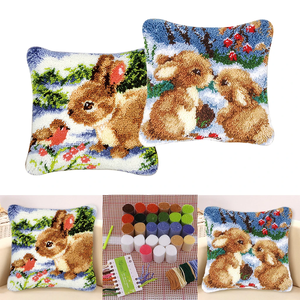 2 Set 43x43cm Cute Rabbits Latch Hook Kits Pillow Making Crafts for Kids Adults Craft
