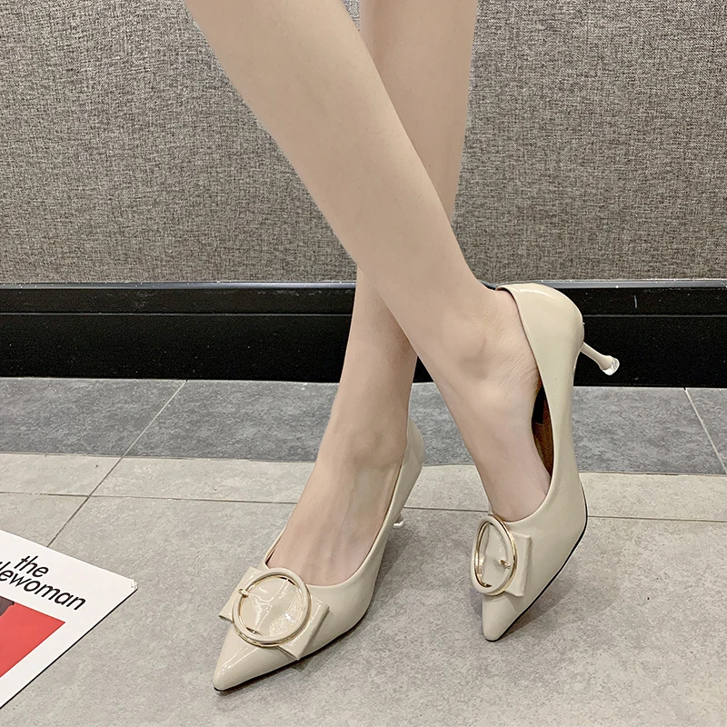 

Fashion Patent Leather High Heel Shoes Women Metal Pointed Toe Women Pumps 5 Cm Thin High Heel Office Ladies Shoes 2020