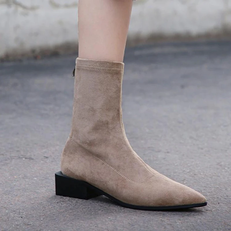 Bottes femme stretch boots women's leisure strange Chelsea boots flock square med heels mid-calf boots botas mujer