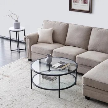 

Coffee Side Table Round Classic Glass Surface with Large Storage Space for Living Room 85*85*45CM Modern Simplicity[US-Stock]