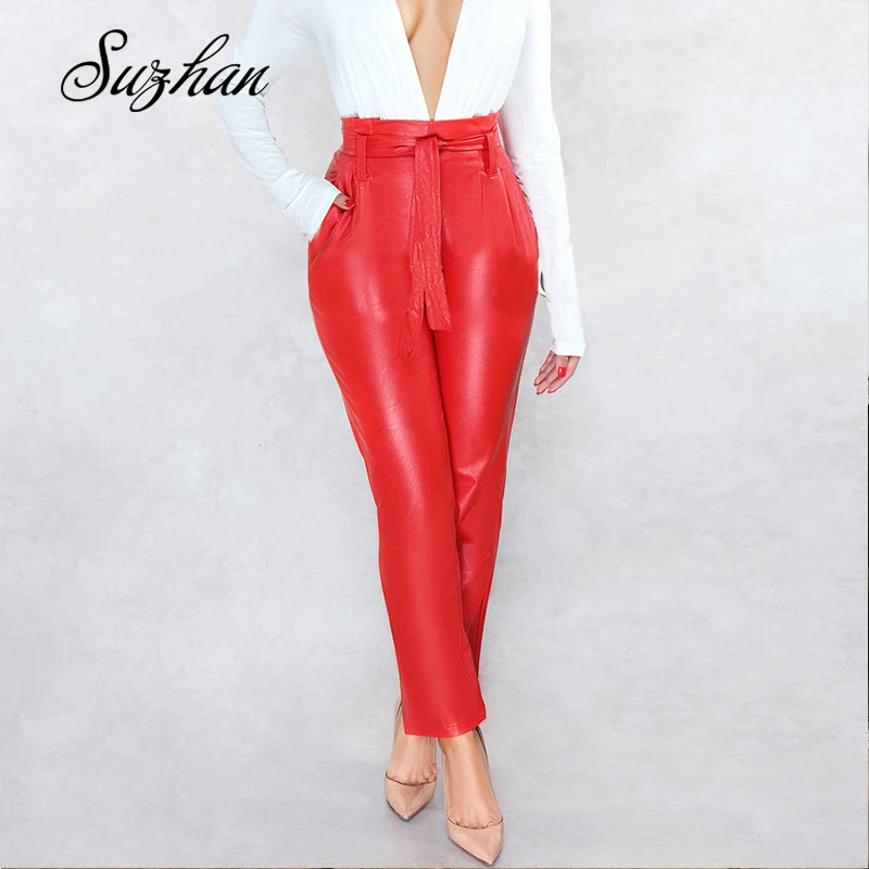 Suzhan, женские брюки-карандаш с высокой талией, из искусственной кожи пу, с поясом, длинные брюки, повседневные сексуальные женские осенние облегающие брюки