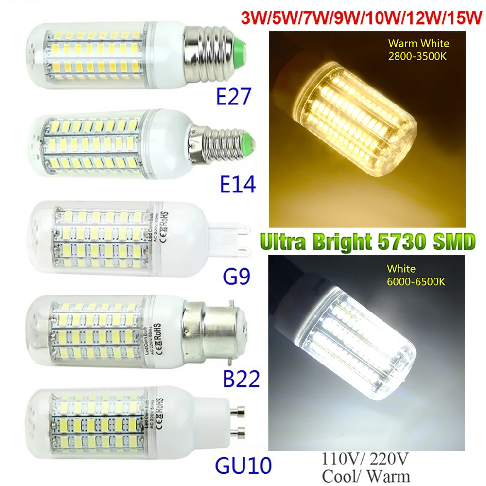 

LED Bulb 220V 110V High Bright LED Corn Bulb E27 Lamp Chandelier Spotlight 7W to 30W SMD5730 Corn Bulb B22 GU10 E14 G9 Corn Bulb