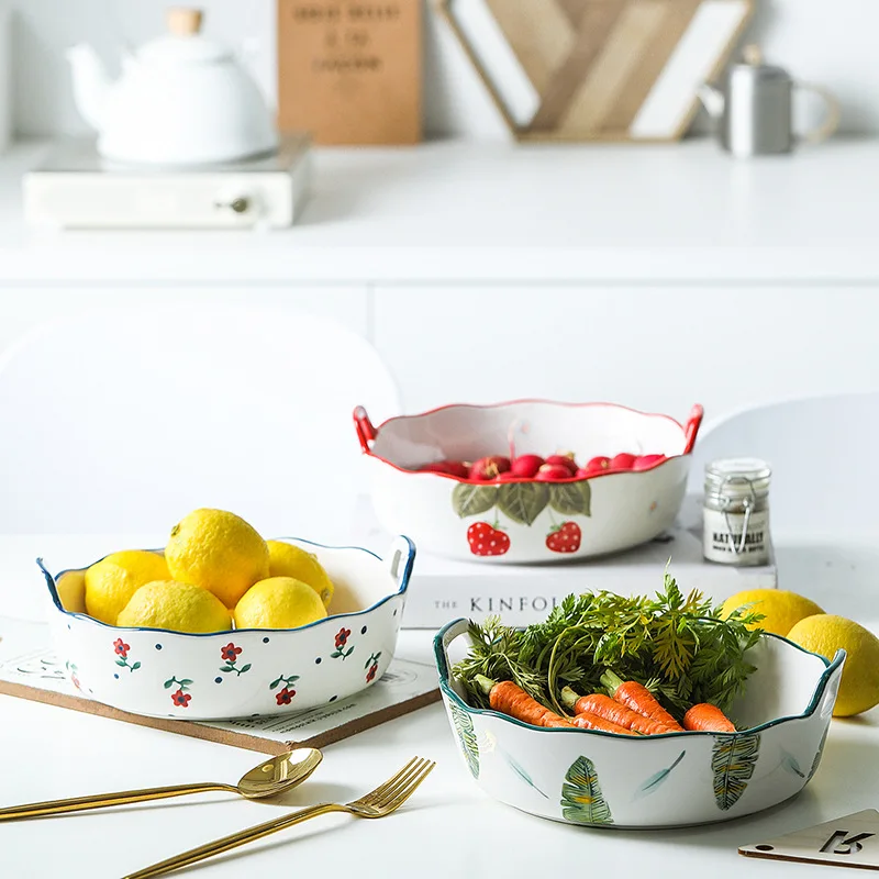 Nordic Kitchen Salad Bowl Baking Family Restaurant Fruit Plate Vegetable Hand Colored Two-eared