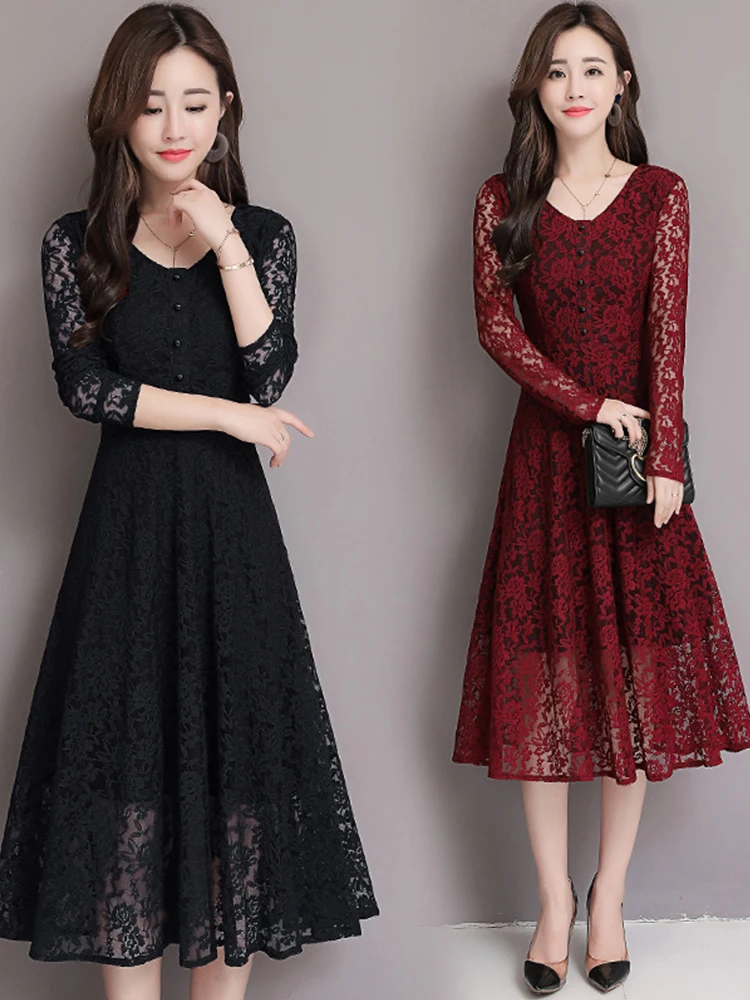 

2019 Autumn Winter New Plus Size Vintage Lace Midi Dresses Sexy Hollow out Women Bodycon Beach Dress Party Long Sleeve Vestidos