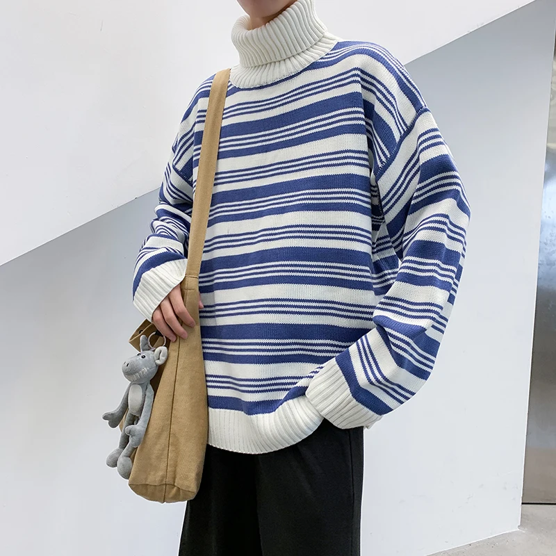 Осенний новый свитер с высоким воротником мужской модный Контрастный ЦВЕТНОЙ Повседневный вязаный пуловер Мужской уличная Универсальный