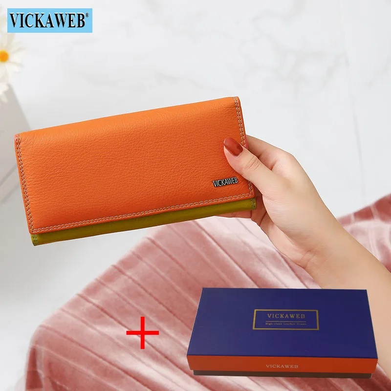 Orange and Box VICKAWEB, женский кошелек, длинный, из кусков, натуральная кожа, кошелек для денег, дамские модные кошельки, женские кошельки на застежке и молнии - Цвет: Orange and Box