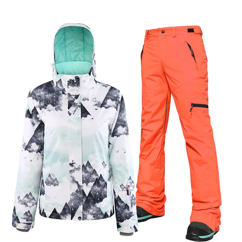 Зимний лыжный комплект для женщин Спорт на открытом воздухе сноуборд куртка комбинезоны водонепроницаемый лыжный костюм зимние брюки для сохранения тепла - Цвет: Orang