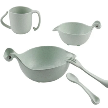 

EASY-5 Pcs/Set Children Baby Bamboo Tableware Feeding Dinosaur Dishes Infant Bowl Plate Cup Spoon Fork Dinnerware for Gift