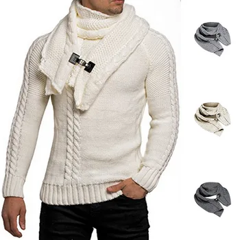 

Men Detachable Scarf Knitted Sweater Solid Warm Turtleneck Pullovers Vintage Tricot Pull Casual Streetwear Sueter Masculino 2019