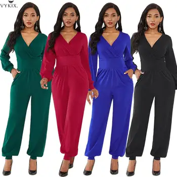 

Womens Clothing V Neck Lantern Sleeve Long Pant Jumpsuit Women Elegant Wide Leg Romper Winter Office Lady Sexy Overalls
