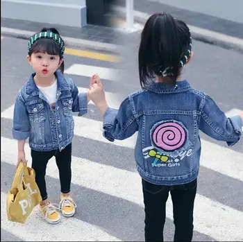 

Girls denim jacket 2019 autumn new baby foreign style trendy cotton soft denim embroidered lollipop jacket