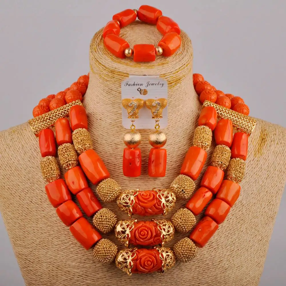 

Gorgeous African Jewelry Set New Designs 3 Layers Orange Nigerian Coral Beads Jewellery Set 2021 Bridal Wedding Coral Set