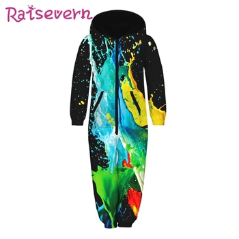 

RAISEVERN 3D Print Children Jumpsuits Hooded Loose Paint Printed Unisex Overalls 2019 Autumn Girls Boys Jumpsuit with Pockets