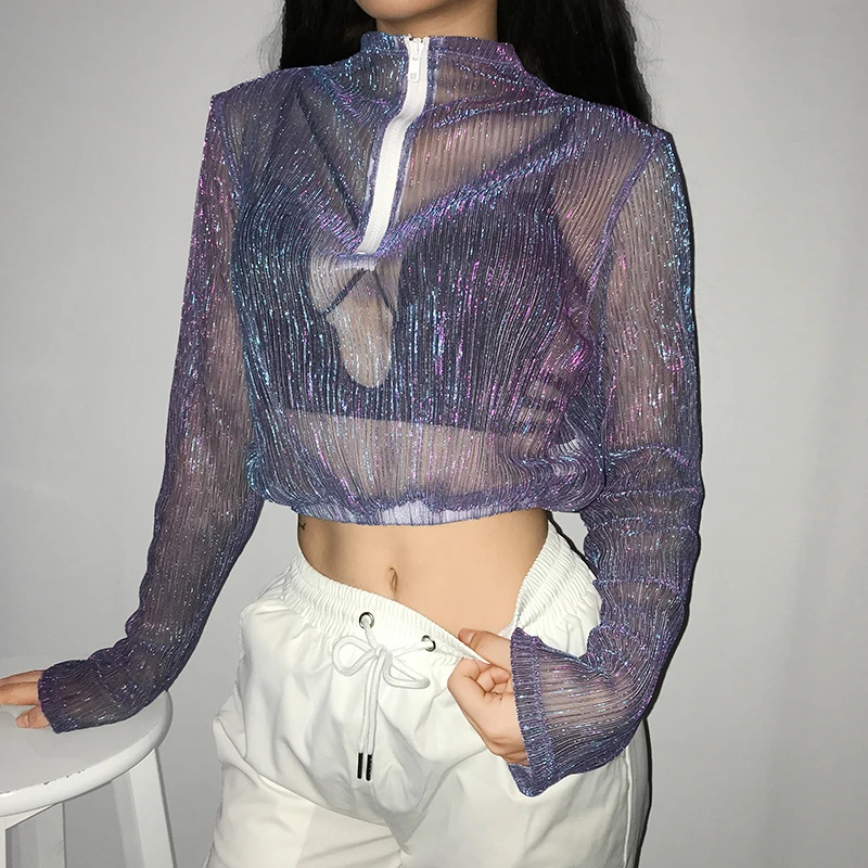 Iamhotty сетчатый прозрачный топ на молнии фиолетовая Сексуальная футболка Femme летняя Базовая женская футболка водолазка короткий топ с длинным рукавом
