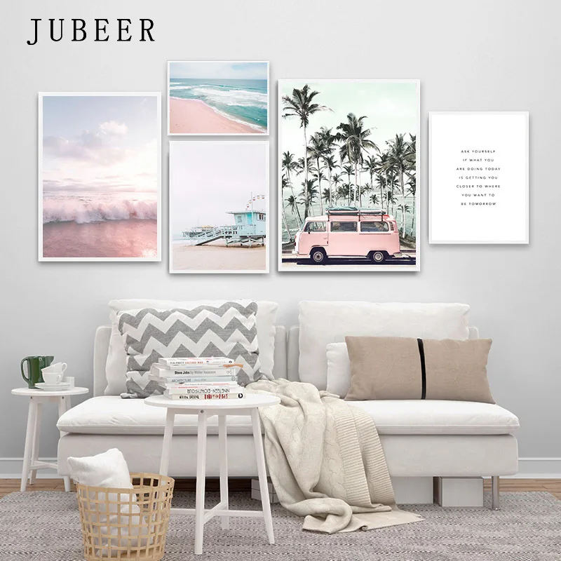 

Ocean Landscape Canvas Poster Nordic Style Beach Pink Bus Wall Art Print Painting Decoration Picture Scandinavian Home Decor