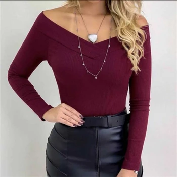 

Women Sweater Fall 2019 Off Shoulder Sweater Long Sleeve Pullover Knitted Sweater Ladies Cropped Sweater Streetwear Korean