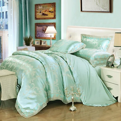 Oshines Luxury Jacquard Decoration Europe Style Set Of Bed Linens Double Bed Cover 220/240 cmElastic Sheet King And Queen Size L - Цвет: Cyan -first sight