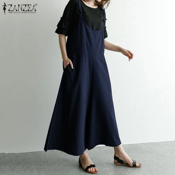 

S 5XL ZANZEA 2020 Women Casual Solid Strappy Dungarees Vintage Cotton Loose Wide Leg Overalls Rompers Long Jumpsuits Combinaison