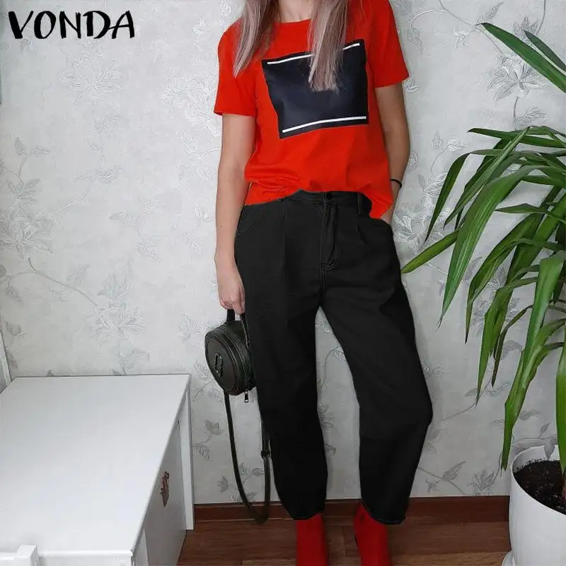 

2020 VONDA Women Pants Casual Loose Solid Color High Waist Zipper Cropped Pants Retro Ladies Straight Trousers Plus Size S-5XL