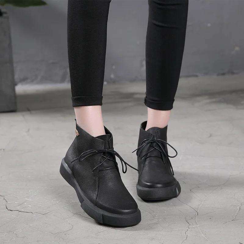 

Women Martin Boots Black Leather Winter Shoes Flat Heels Women Work Boots Genuine Leather Casual Shoes Ankle Boots Lace Up 2019