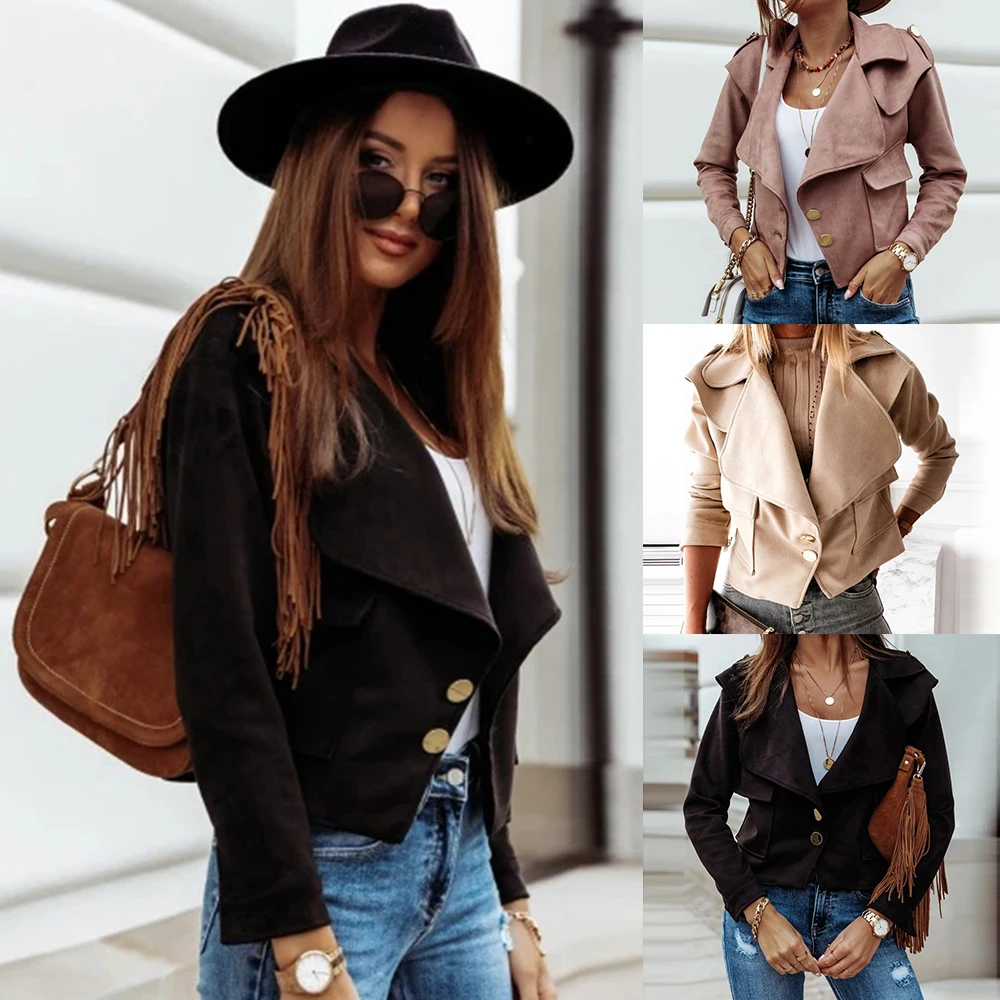 

Autumn Winter Women Fashion (Turn-down Collar Coat V Neck Long Sleeve Slim Loose Casual Solid Jacket Single Breasted Pockets D30
