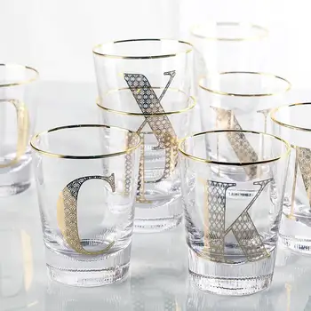 

Creative Glass English letter Transparent Mugs Gold stripes Milk Tea Coffee Juice Water Cup Home Office Drinkware