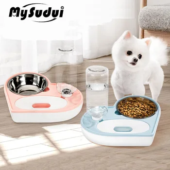 

2 In 1 Pet Dog Cat Water Food Bowl Set Automatic Water Dispenser Bottle Detachable Stainless Steel Small Puppy Dog Food Bowl