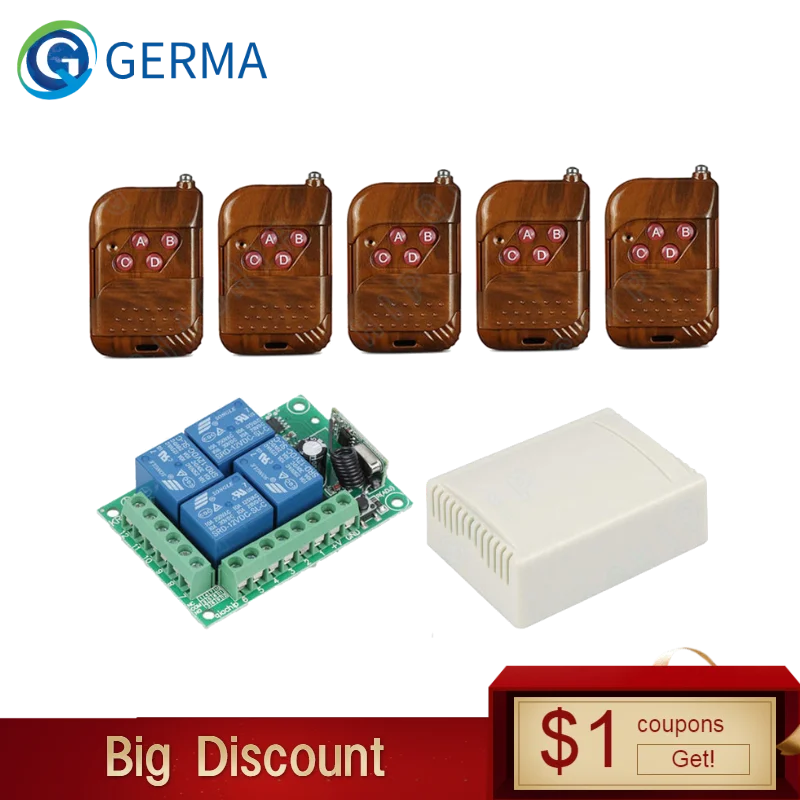 

GERMA 433 Mhz RF Transmitter Remote Control + Wireless 433Mhz DC 12V 4 CH Remote Control Switch RF Relay Receiver Module DIY