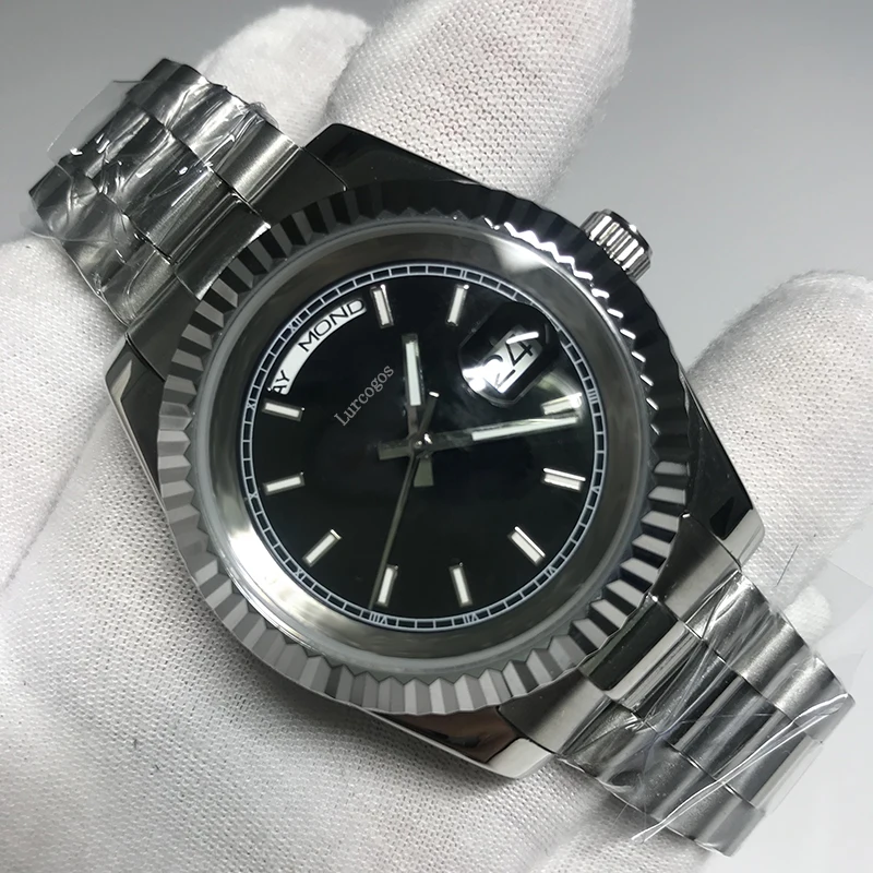 

2019 Luxury Brand Men Silver case black dial Automatic Mechanical Stainless Steel Sapphire Daydate Watch 41mm White AAA