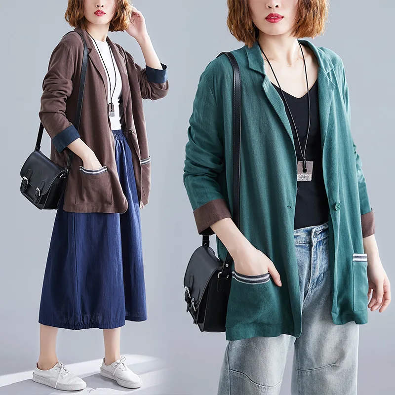 

Spring And Autumn New Style Loose And Plus-sized Mid-length Casual Retro Slimming Cotton Linen Tops Flax Suit Jacket Women's