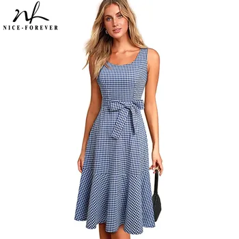 

Nice-forever New Spring Casual Plaid Sleeveless vestidos with Sash A-Line Women Flare Swing Dress A192