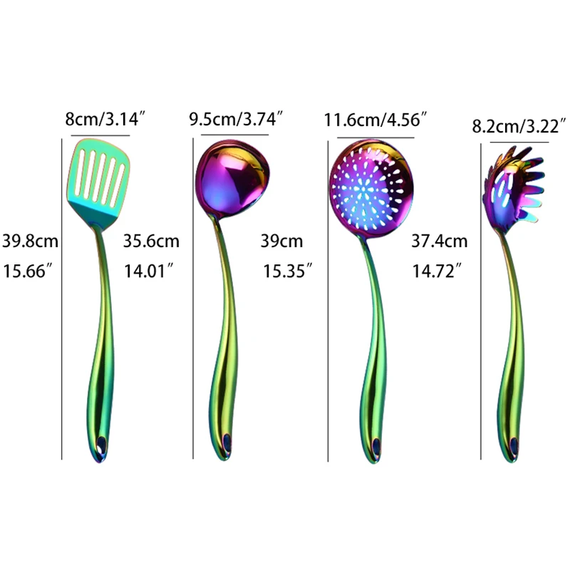 

Hot Sale Kitchen Tool Set of 4 Cooking Rainbow Cookware Restaurant Kitchenware Set Stainless Steel Shiny Kitchenware